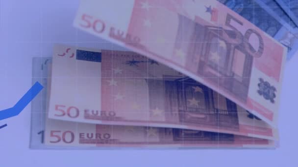 Animación Del Procesamiento Datos Financieros Con Líneas Azules Sobre Billetes — Vídeos de Stock