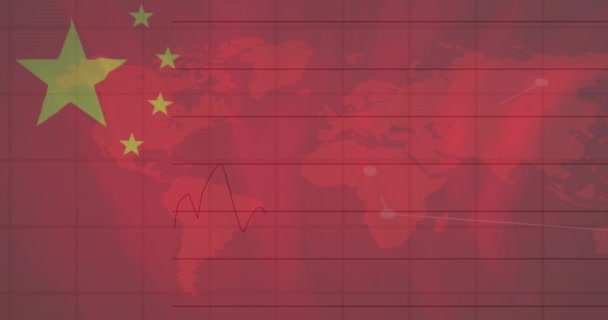 Animação Bandeira Chinesa Acenando Sobre Processamento Dados Financeiros Mapa Mundo — Vídeo de Stock