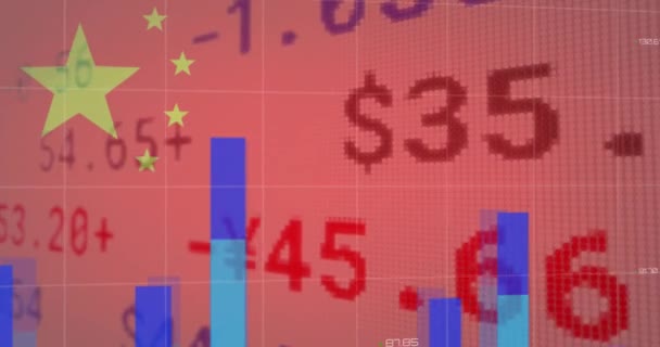 Animation Chinese Flag Waving Financial Data Processing World Map Global — Stock Video