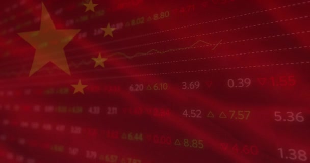 財務データ処理に手を振っている中国の国旗のアニメーション 世界中の金融とビジネスの概念をデジタルで — ストック動画