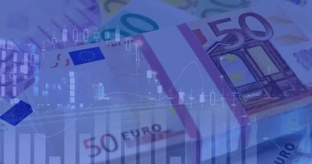 ユーロ紙幣の金融データ処理のアニメーション 世界中の財務やビジネスの概念をデジタルで — ストック動画