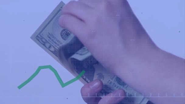 Animace Nahrávání Zelené Čáry Nad Osobou Počítající Americké Dolarové Bankovky — Stock video