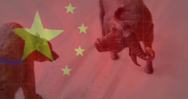 Animação Bandeira Chinesa Acenando Sobre Processamento Dados Financeiros Com Linhas — Vídeo de Stock