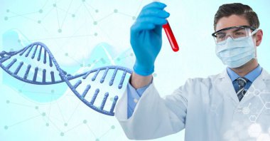 Kafkas erkek doktor DNA yapısı ve bağlantı ağına karşı bir tüp tutuyor. küresel ağ oluşturma ve tıbbi araştırma teknolojisi kavramı