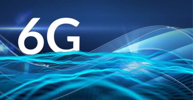 Arka plandaki mavi dalga ve şekillerin üzerinde 6g sözcüğünün bileşimi. küresel teknoloji, dijital arayüz, bağlantı ve iletişim konsepti dijital olarak oluşturulmuş görüntü