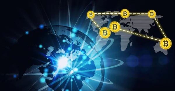 Samenstelling Van Het Netwerk Van Verbindingen Met Digitale Bitcoin Pictogrammen — Stockfoto