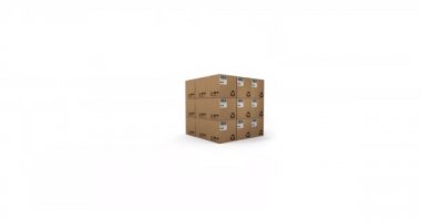 Beyaz arka planda hareket eden yığınla karton kutunun animasyonu. küresel sevkiyat, dağıtım ve çevrimiçi alışveriş konsepti dijital olarak oluşturulmuş video.