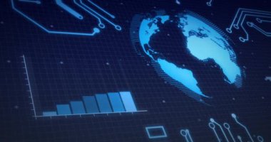 Küre animasyonu, işlemci elementleri ve veri işleme sistemi devrede. dijital arayüz, küresel veri işleme ve teknoloji konsepti dijital olarak oluşturulmuş video.