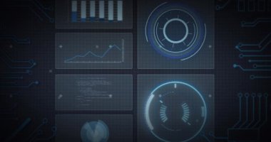 Kapsam taraması, işlemci elementleri ve veri işlemesinin ızgara üzerindeki ekranlarda canlandırılması. dijital arayüz ve küresel bağlantı konsepti dijital olarak oluşturulmuş video.