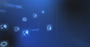 Noktalar üzerindeki ekranlarda tarama ve veri işleme dürbünlerinin animasyonu. küresel bağlantı ve dijital arayüz konsepti dijital olarak oluşturulmuş video.