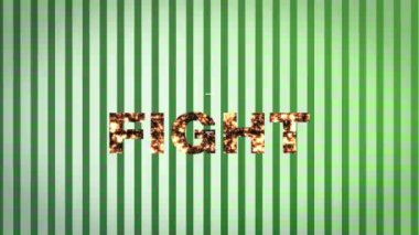 Yeşil çizgili arka planda dövüş metninin dijital animasyonu. bilgisayar arayüzü ve video oyunu kavramı