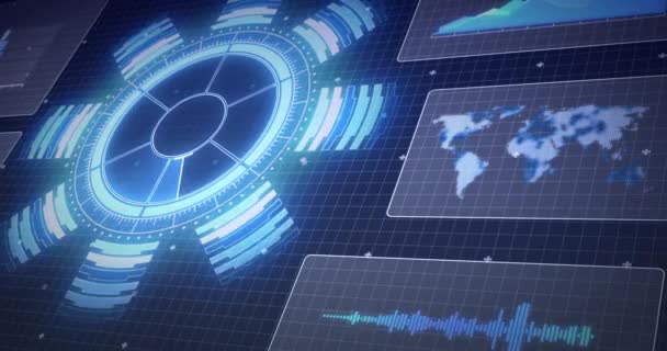 Animação Varredura Escopo Processamento Dados Mapa Mundo Telas Sobre Grade — Vídeo de Stock