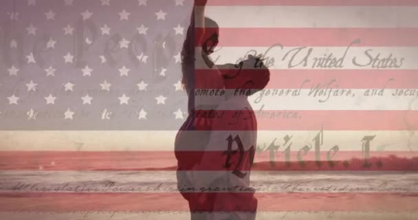 Constitution Text American Flag Couple Embracing Each Other Beach American — Stock Video