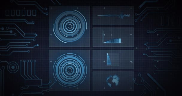 Animatie Van Scope Scanning Processor Elementen Gegevensverwerking Schermen Grid Digitale — Stockvideo