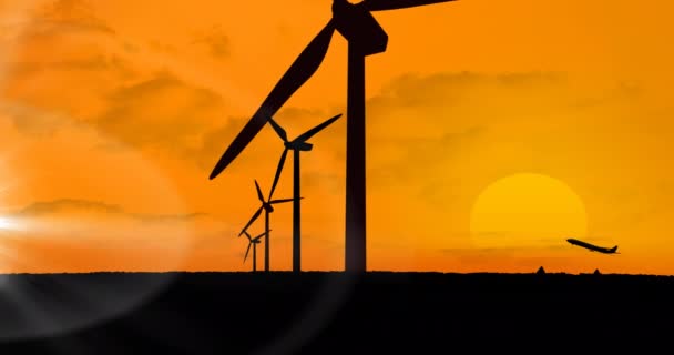 Animace Siluet Větrných Turbín Vzletu Letadla Oranžové Obloze Západem Slunce — Stock video