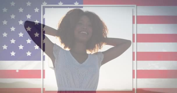 American Flag Glitch Effect African American Woman Smiling Beach American — Stock Video