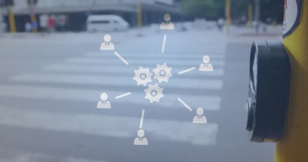 Rede Ícones Digitais Contra Seção Meio Homem Empurrando Botão Chamada — Vídeo de Stock