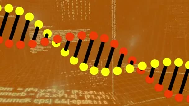 Animering Dna Strängen Spinning Och Databehandling Över Orange Bakgrund Globalt — Stockvideo