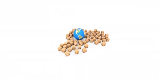 Animation Globe Multiple Cardboard Boxes Moving White Background Global Shipping — Stock Video