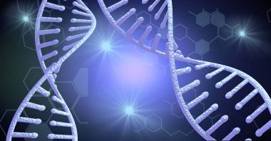 Dijital olarak DNA yapısının görüntüsünü ışıkların mor arkaplanına karşı oluşturdum. tıbbi araştırma ve teknoloji konsepti
