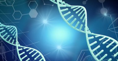 DNA yapısı ve kimyasal yapılar ışıkların mavi arka planına karşı. tıbbi araştırma ve teknoloji konsepti
