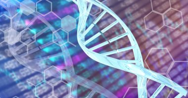 Borsa veri işlemesine karşı DNA yapısı ve kimyasal yapılar. küresel finans ve tıbbi araştırma teknolojisi kavramı