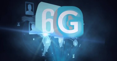 Bir dünya haritası üzerinde 6g kelimesinin bileşimi ve arka planda insan resimleri. küresel teknoloji, dijital arayüz, bağlantı ve iletişim konsepti dijital olarak oluşturulmuş görüntü