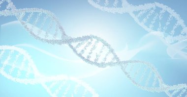 Dijital olarak oluşturulan DNA yapıları mavi arkaplandaki dijital dalgalara karşı. tıbbi araştırma ve teknoloji konsepti