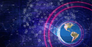 Dünya üzerindeki dijital simgelerle bağlantı ağının bileşimi. Dijital olarak oluşturulmuş bağlantı ve teknoloji ağları.