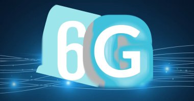 Mavi arka planda 6G sözcüğünün kompozisyonu. küresel teknoloji, dijital arayüz, bağlantı ve iletişim konsepti dijital olarak oluşturulmuş görüntü