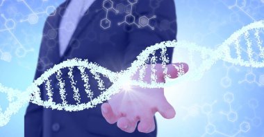 DNA yapısı ve kimyasal yapılar, iş adamlarının orta kesiminde, elle kavrulmuş. küresel iş ve tıbbi araştırma teknolojisi kavramı