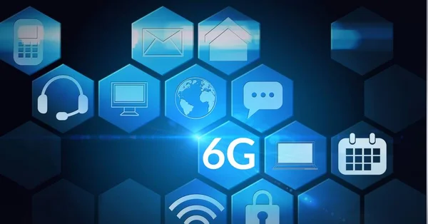 青い六角形の技術的なアイコンを持つ単語6Gの構成 グローバル技術デジタルインターフェース接続通信概念デジタルで生成された画像 — ストック写真