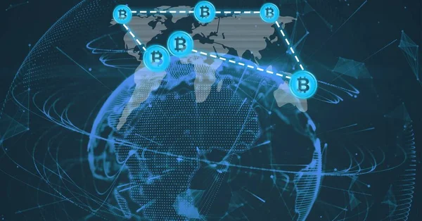 Samenstelling Van Het Netwerk Van Verbindingen Met Digitale Bitcoin Pictogrammen — Stockfoto
