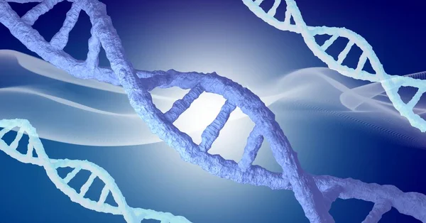 Digitalt Genererad Bild Flera Dna Strukturer Mot Digital Våg Blå — Stockfoto