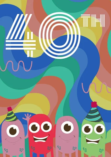 40Th Written White Lines Monsters Party Hats Invite Swirly Colourful — Stock Photo, Image