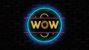 Siyah arkaplana karşı neon wow yazısının dijital animasyonu. bilgisayar arayüzü ve video oyunu kavramı