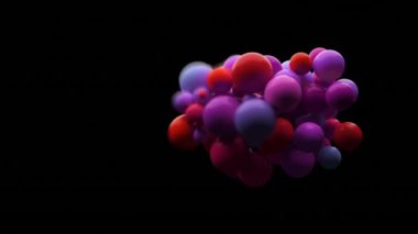 Siyah arkaplana karşı hareket eden pembe ve mor 3 boyutlu kürelerin üzerindeki titreşimlerin dijital animasyonu. bilgisayar arayüzü ve tipografi kavramı