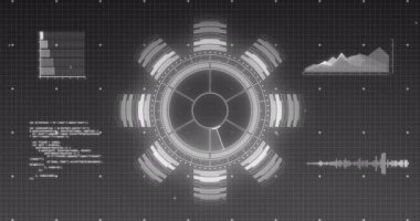 Kapsam taraması animasyonu ve istatistiklerin siyah beyaz olarak kaydedilmesi. dijital arayüz ve küresel bağlantı konsepti dijital olarak oluşturulmuş video.