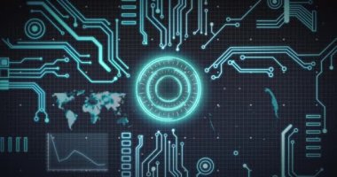 Kapsam taraması, işlemci elementleri, dünya haritası ve şebeke üzerinde veri işleme animasyonu. dijital arayüz ve küresel bağlantı konsepti dijital olarak oluşturulmuş video.
