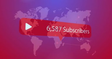 Gradyan arkaplanda dünya haritasına karşı simge çal ve aboneleri artır. Sosyal medya ağı ve teknoloji kavramı