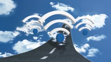 Mavi arka planda kablosuz internet simgeleri, bulutlar ve yol animasyonu. küresel ağ, sosyal medya, bağlantı ve dijital arayüz kavramı dijital olarak oluşturulmuş video.