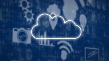 Mavi arkaplanda dijital bulutların ve çevrimiçi simgelerin animasyonu. küresel ağ, sosyal medya, bağlantı ve dijital arayüz kavramı dijital olarak oluşturulmuş video.