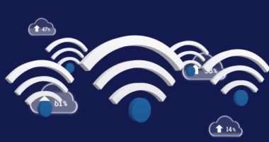 Koyu mavi arka planda büyüyen kablosuz internet simgeleri ve dijital bulutların animasyonu. küresel ağ, sosyal medya, bağlantı ve dijital arayüz kavramı dijital olarak oluşturulmuş video.