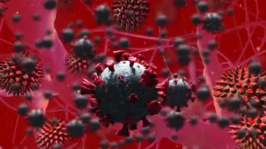 Kırmızı zemin üzerinde yüzen kovid 19 hücrenin animasyonu. küresel koronavirüs salgını, tıp ve halk sağlığı konsepti dijital olarak oluşturulmuş video.