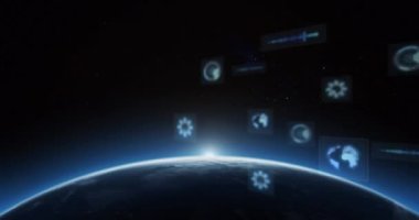 Dürbün taraması, küre, veri işleme animasyonları parlayan ufuklarla dünyanın her yerindeki ekranlarda. küresel bağlantı ve dijital arayüz konsepti dijital olarak oluşturulmuş video.