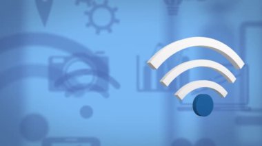 Mavi arka planda kablosuz internet ve bilgisayar dijital simgelerinin animasyonu. küresel ağ, sosyal medya, bağlantı ve dijital arayüz kavramı dijital olarak oluşturulmuş video.