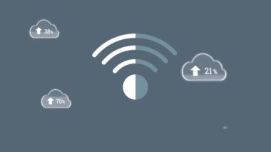 Gri arkaplanda elektronik cihazları olan wifi simgesi ve dijital bulutların animasyonu. küresel ağ, sosyal medya, bağlantı ve dijital arayüz kavramı dijital olarak oluşturulmuş video.
