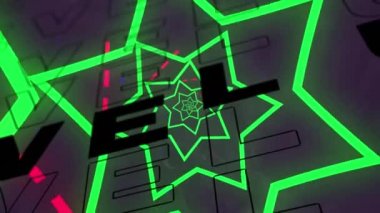 Neon yeşil yıldız şekillerinin dijital animasyonu gri arkaplandaki metin seviyesine karşı dönüyor. bilgisayar arayüzü ve video oyunu kavramı