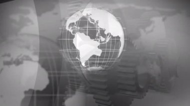 Dünya haritasında dönen küre ve dişlilerin animasyonu. küresel ağ, zaman ve iş konsepti dijital olarak oluşturulmuş video.