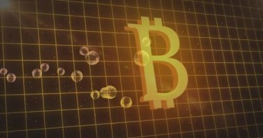 Şebeke ağında çoklu kabarcıklar süzülüyor. Uzayda bitcoin sembolü ile karşılaştırılıyor. küresel finans ve ekonomi kavramı